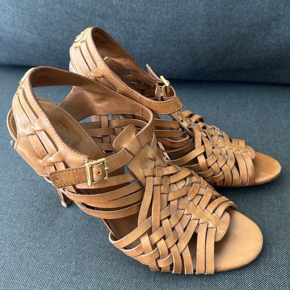 Tory Burch Leather Woven Heels Size 9| Natural Designer Tan Gladiator - Picture 3 of 10
